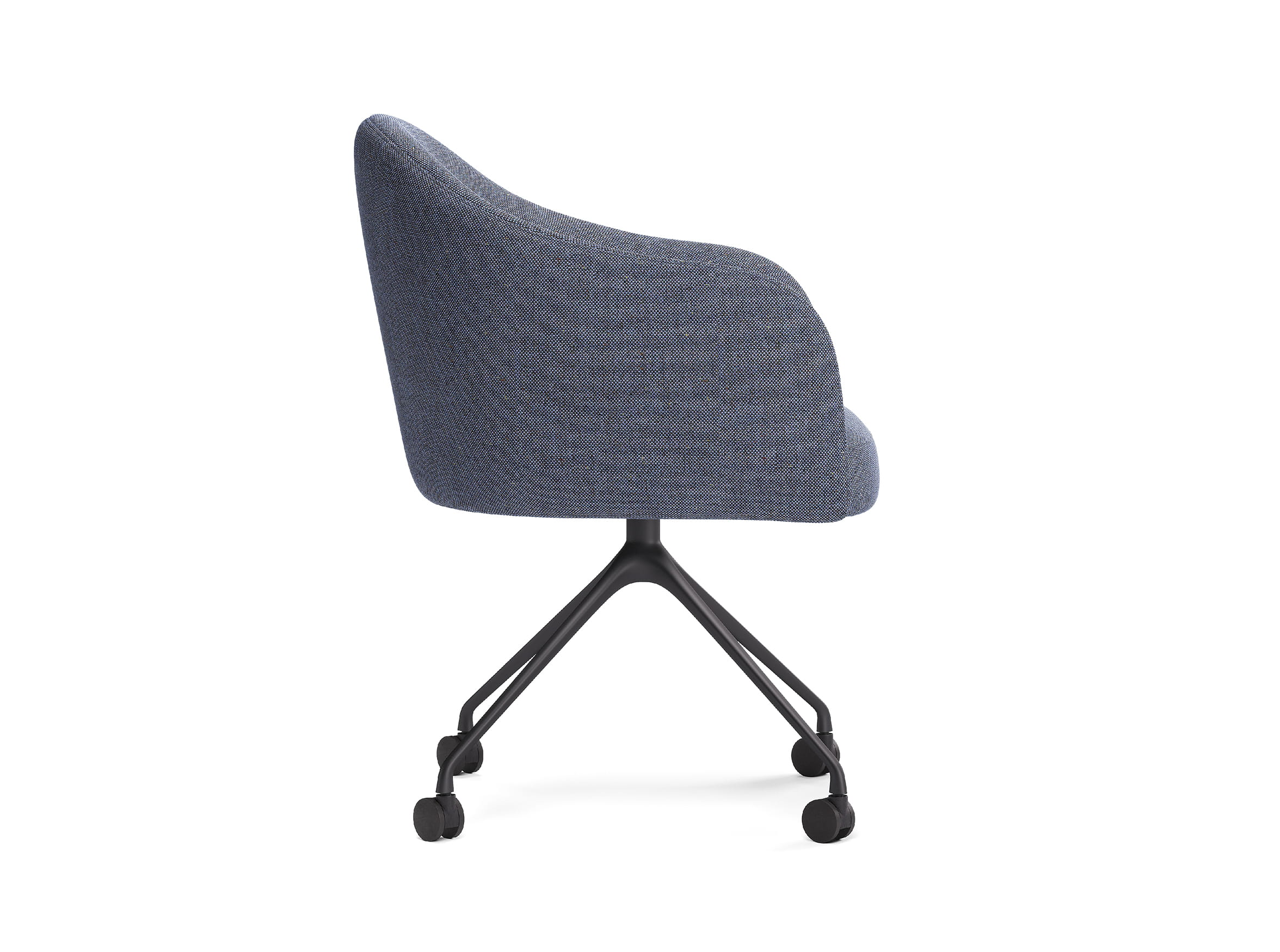Side profile of meeting room chair 3D render showing ergonomic design and base