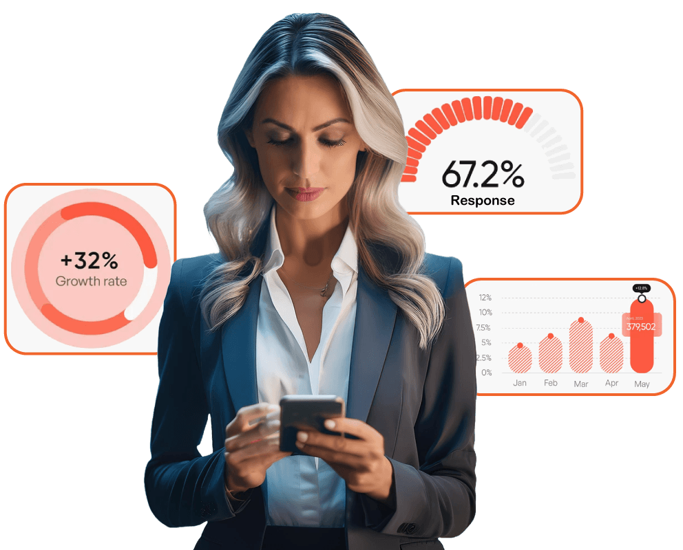 Female hotel manager in grey suit looking at messages on her phone – with three red UI icons behind her