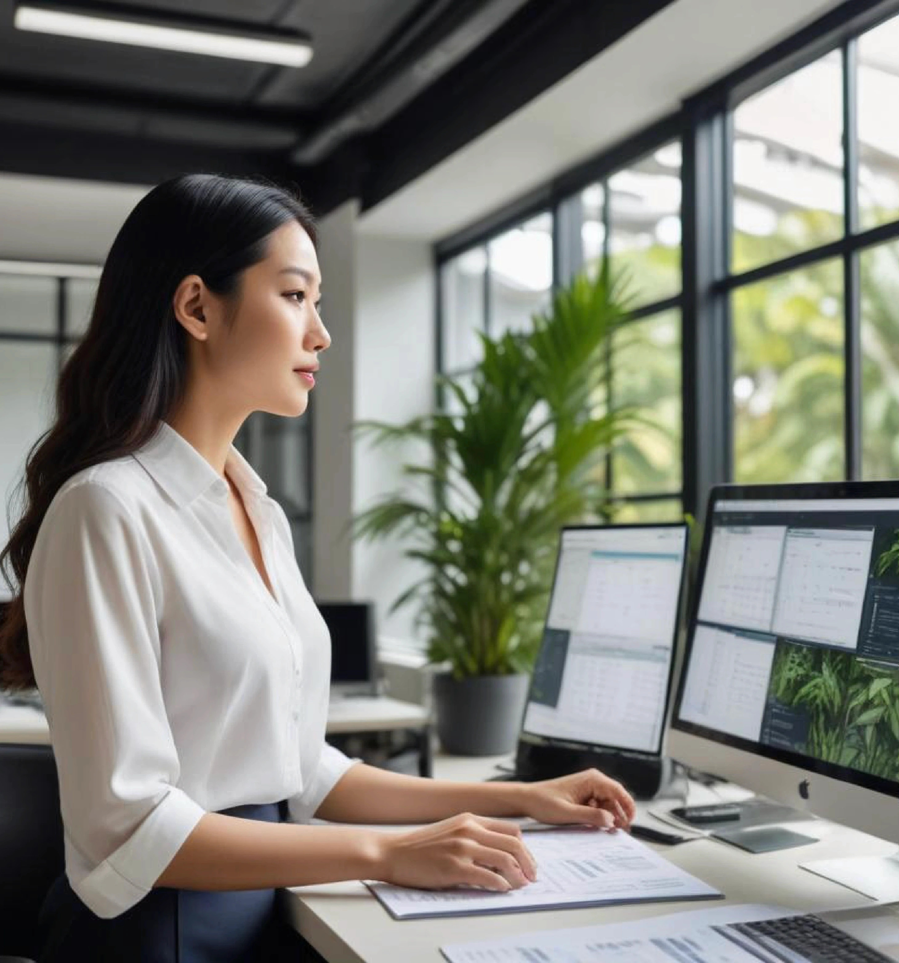 Young asian woman working on computer in modern office with green spaces around.