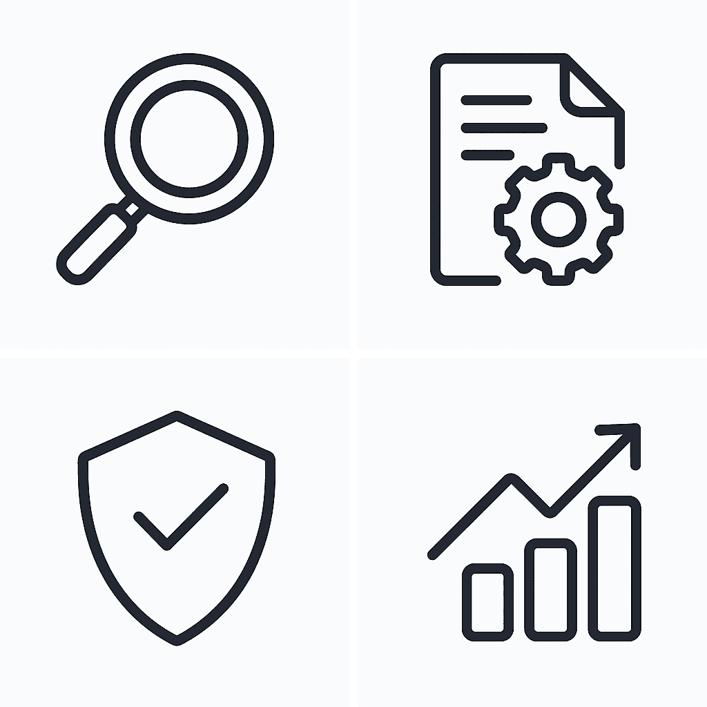 Four-quadrant diagram showing icons for visibility, content optimization, compliance, and ROI metrics