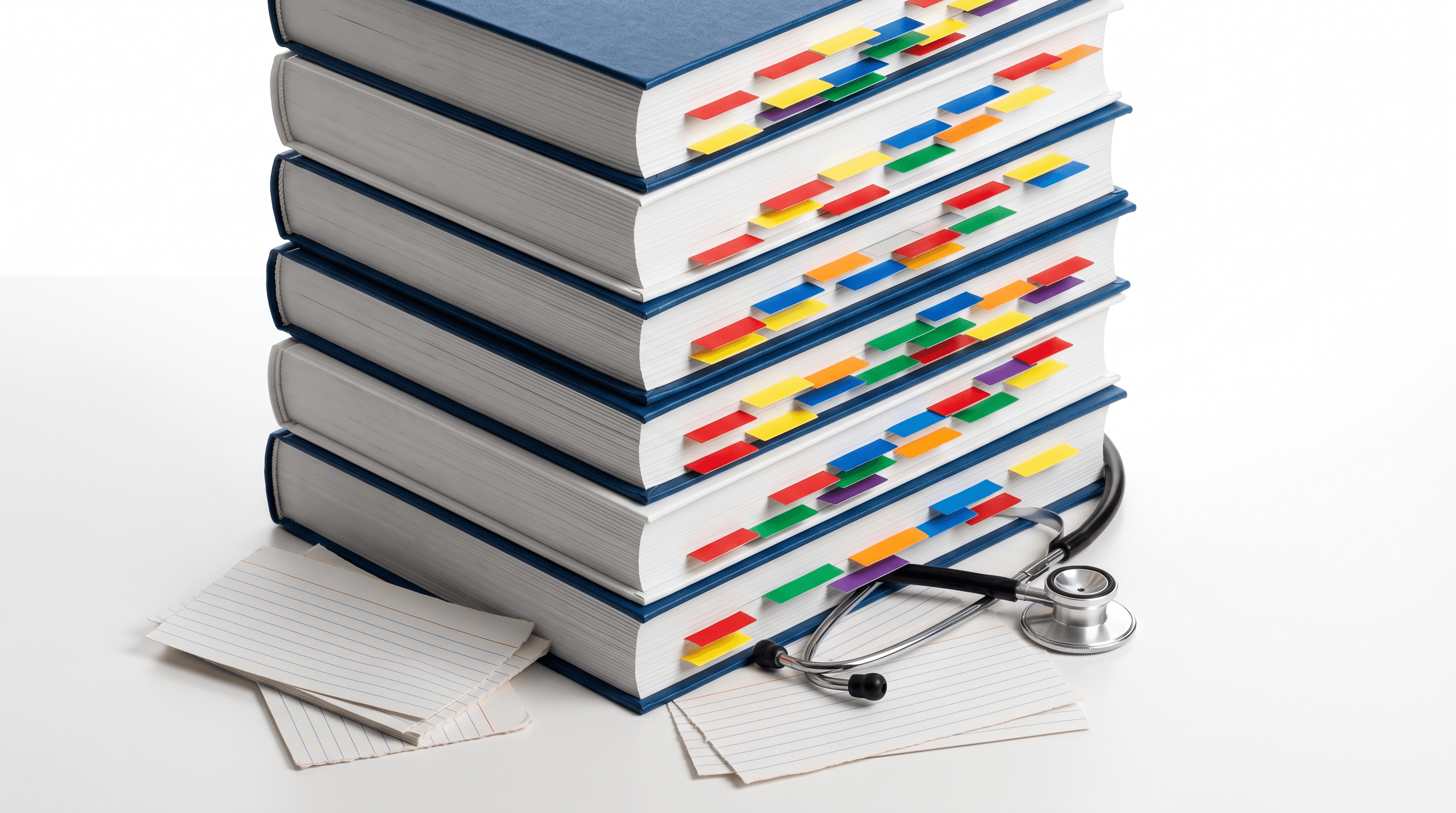 Stack of medical review books with tabs
