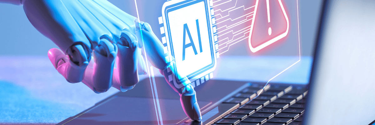 Roboterhand tippt auf einem Laptop, umgeben von holografischen KI-Symbolen