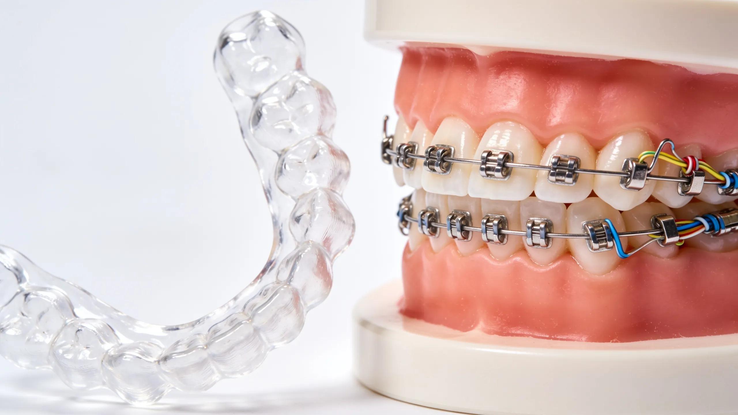 Comparison of clear Invisalign aligners and traditional metal braces on a dental model