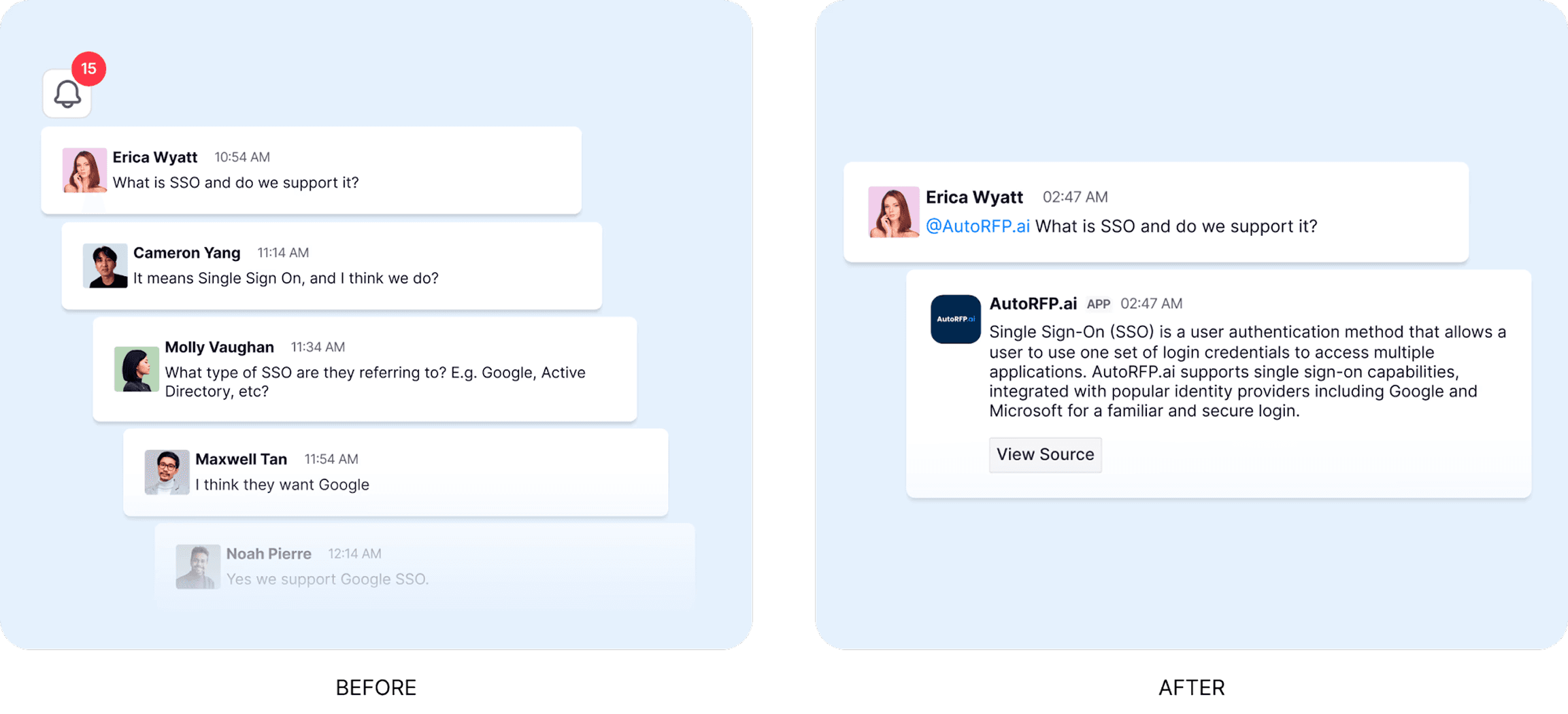 Lengthy Slack chat chasing an SSO answer versus AutoRFP.ai's Q&A bot returning a sourced answer instantly.