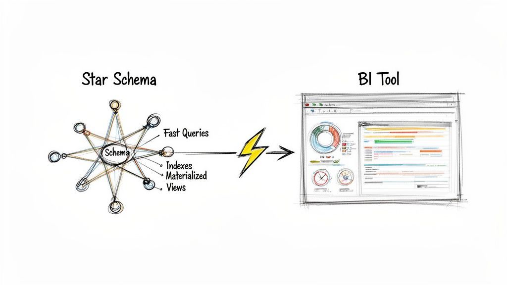 A Star Schema diagram with optimizations like indexes enabling fast queries for a BI tool dashboard.