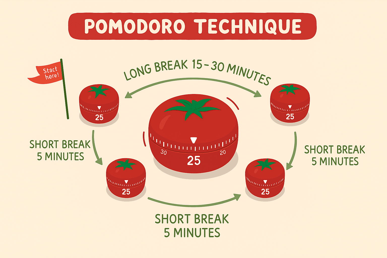 Image of tomato shaped clocks, representing the pomodoro method