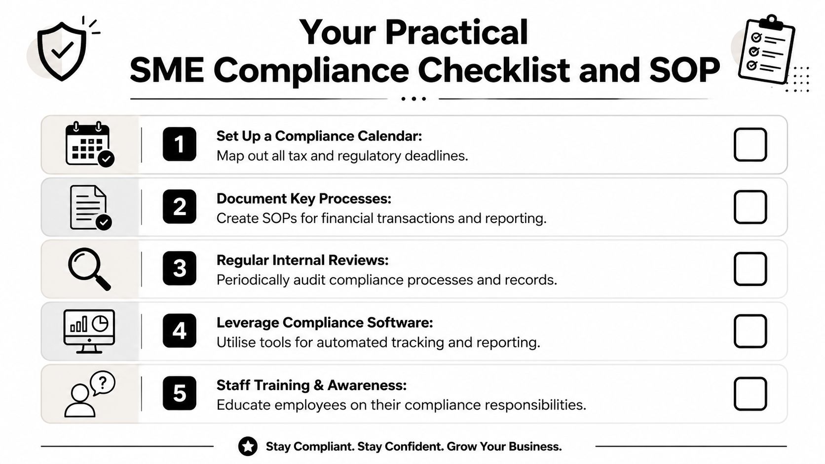 A practical SME compliance checklist infographic featuring five essential steps for managing business regulations and reporting.