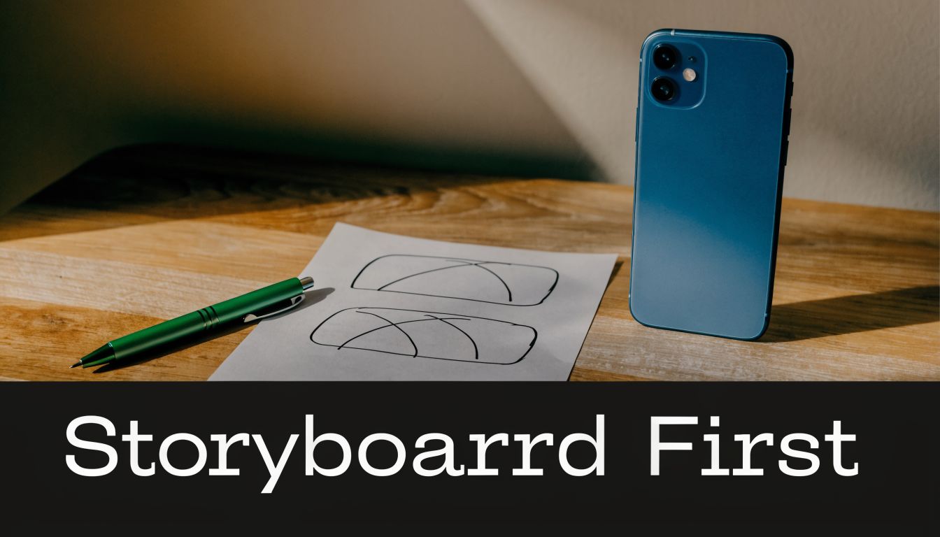 A green pen on a paper with hand-drawn sketches next to a blue smartphone on wood.