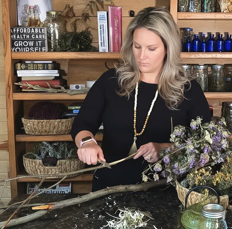 Amber Robinson Registered Herbalist making a remedy