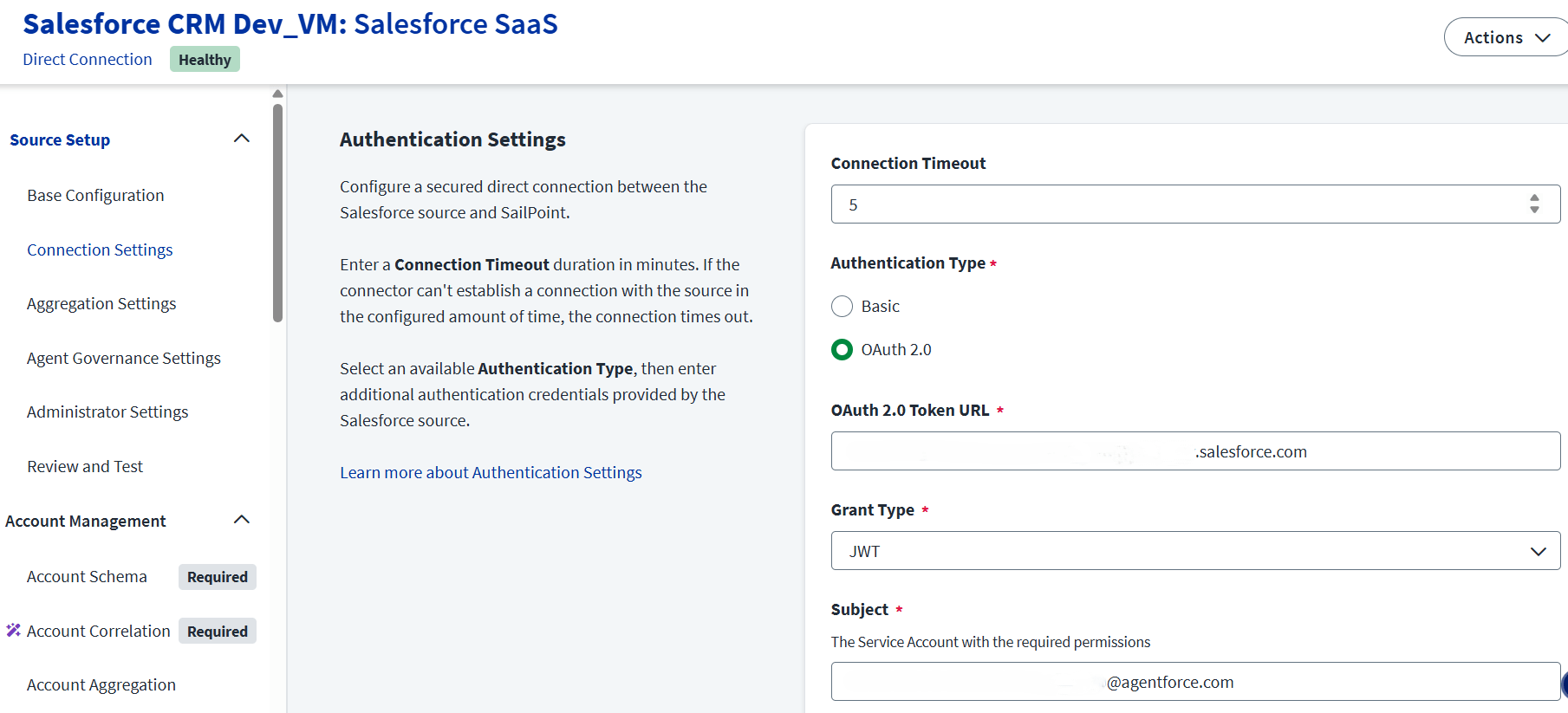 SailPoint authentication settings interface for Salesforce SaaS source showing OAuth 2.0 configuration with JWT grant type and service account subject.
