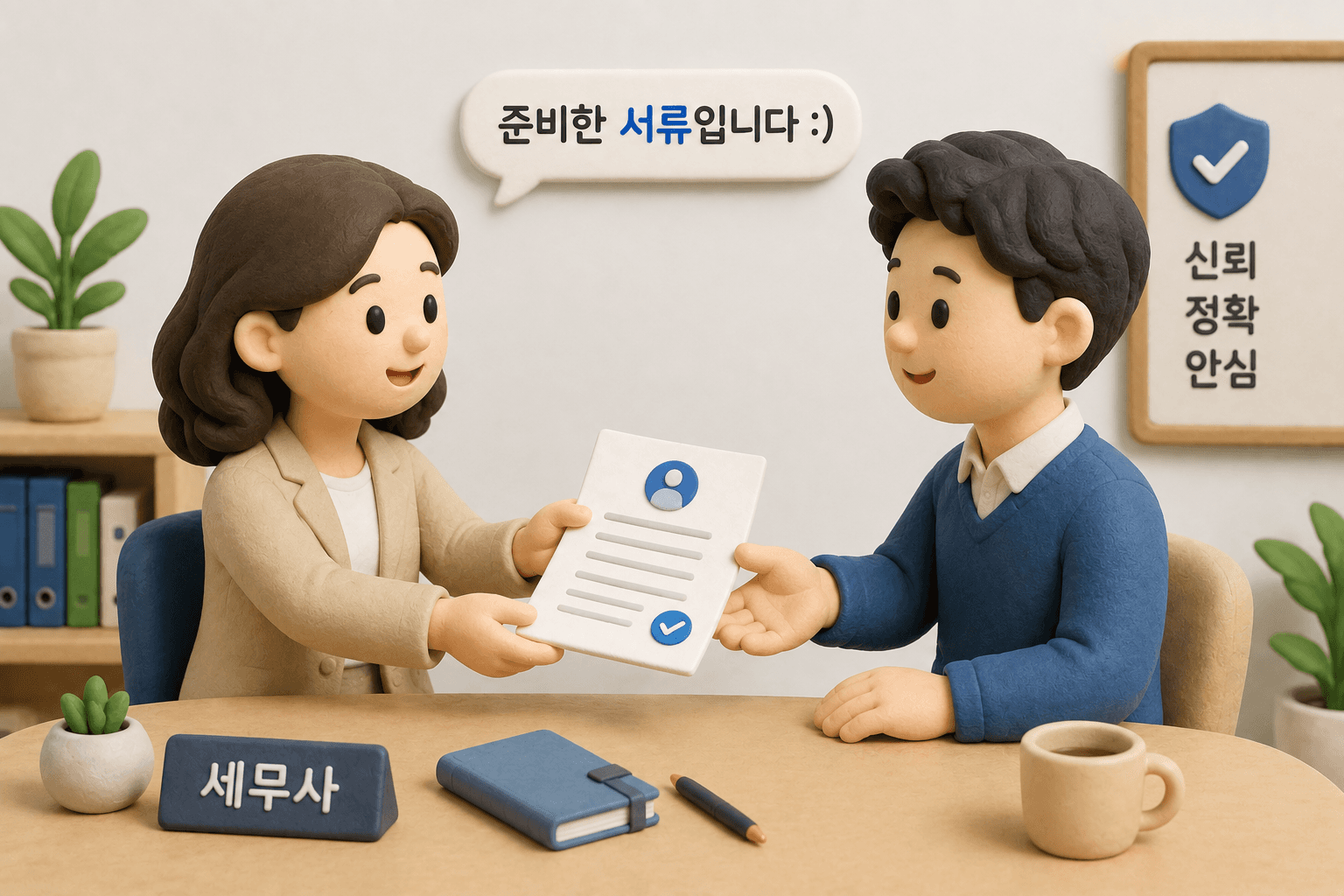 서류 한 장을 건네는 클레이 인물 일러스트