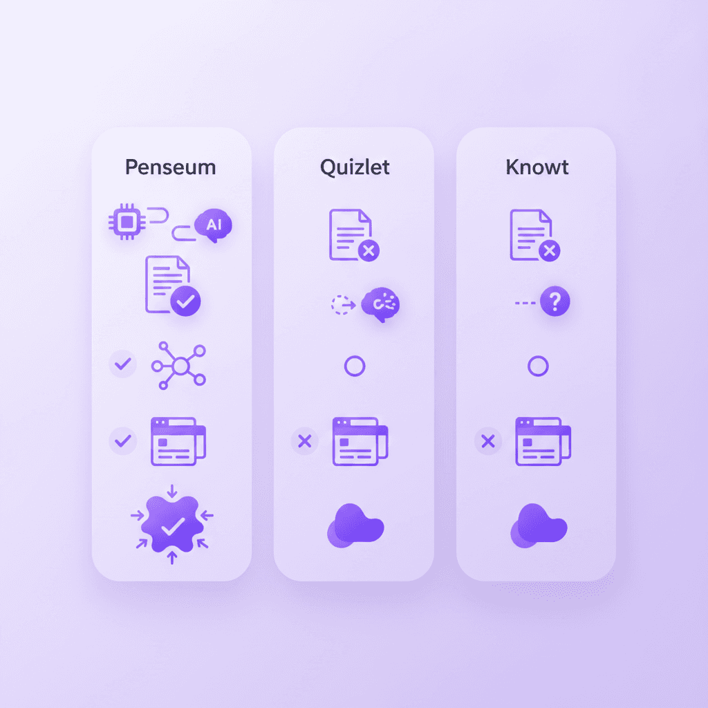 Feature comparison chart showing Penseum, Quizlet, and Knowt side by side