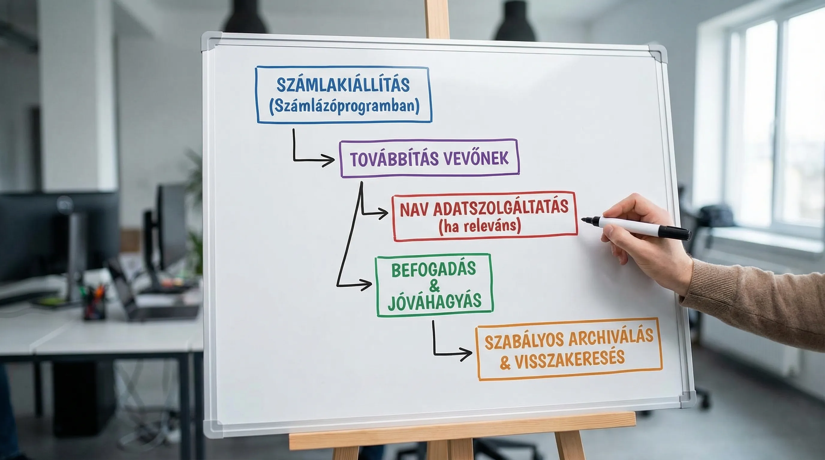 Egyszerű folyamatábra az elektronikus számla életciklusáról: kiállítás a számlázóban, továbbítás a vevőnek, NAV adatszolgáltatás (ha releváns), befogadás és jóváhagyás, majd szabályos archiválás és visszakeresés.