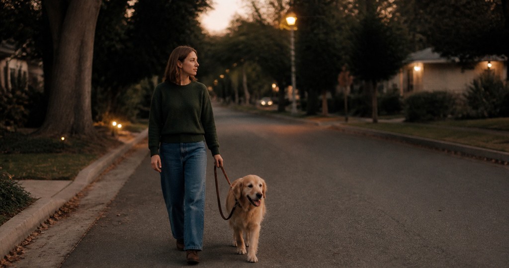 A person walking a dog slowly along a street at dusk (AI-generated image)