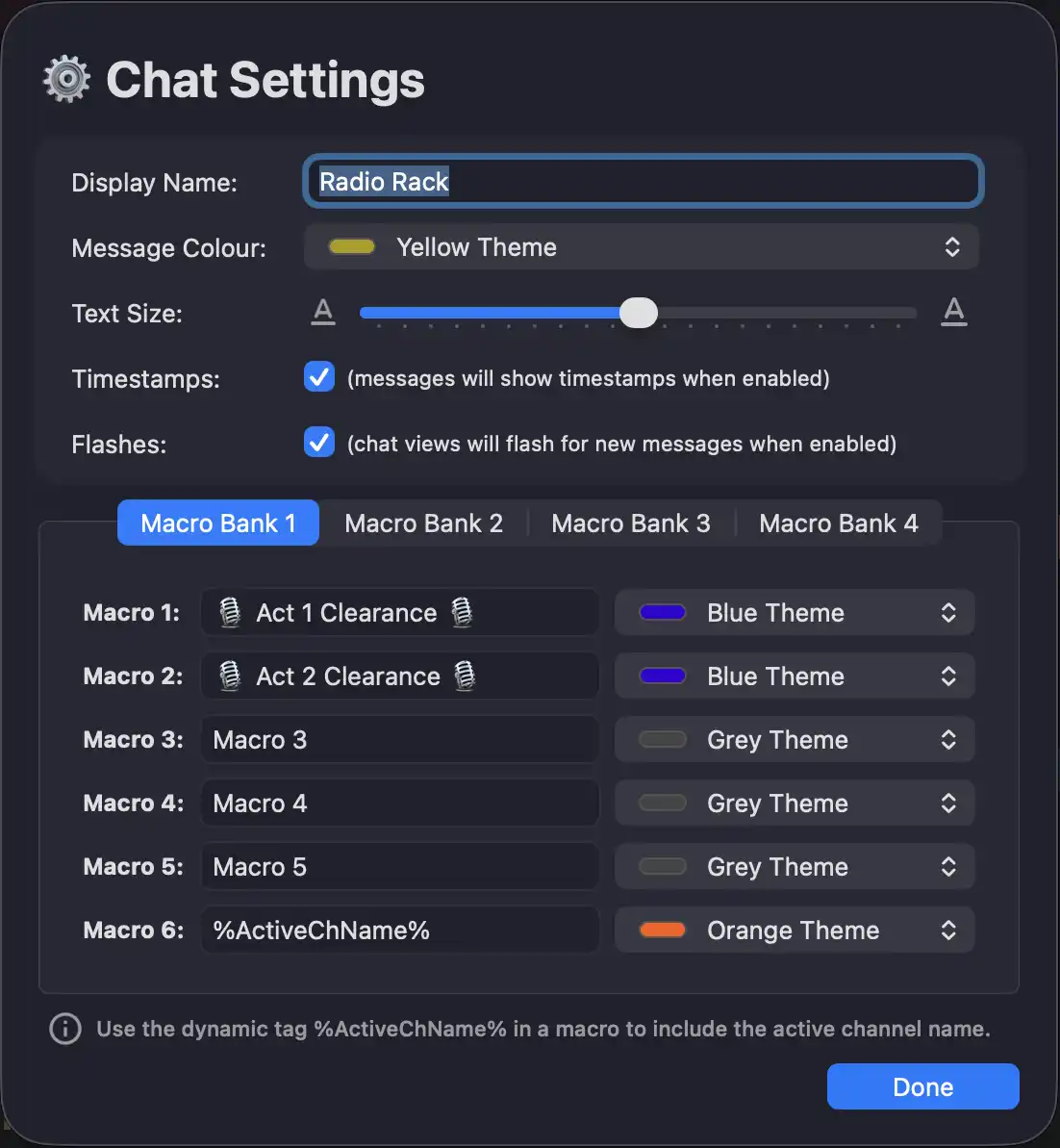Configure chat and setup macros from chat settings