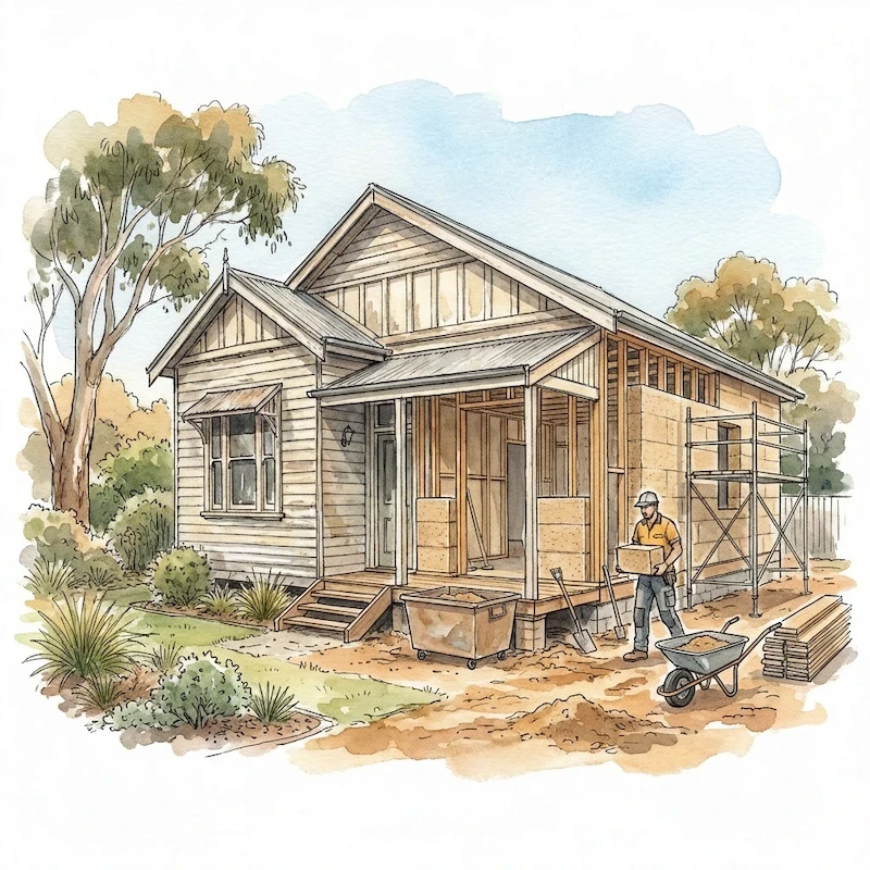 Watercolour image is showing a beautiful house being renovated with the hempcrete blocks. Hempcrete is a renewable and sustainable material to renovate your house.