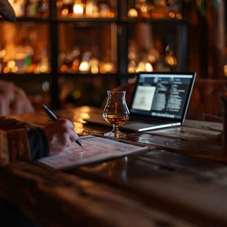 expert reviewing whiskey at desk