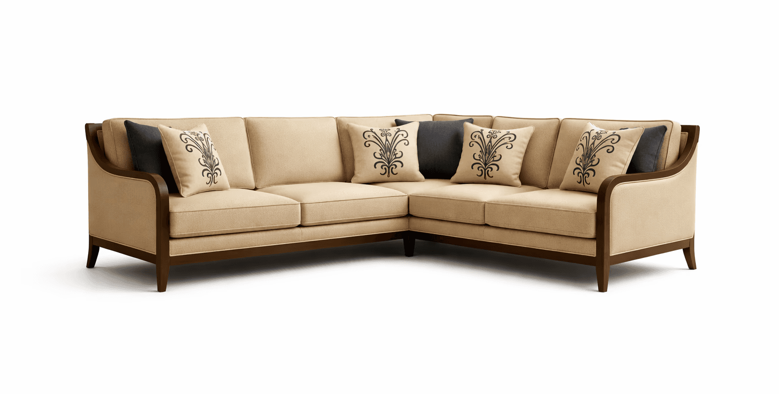 Classic upholstered sofa set with structured cushions and wooden detailing