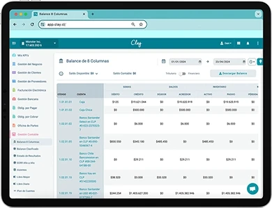 Panel de software contable con Estado de resultados de Clay desde el iPad