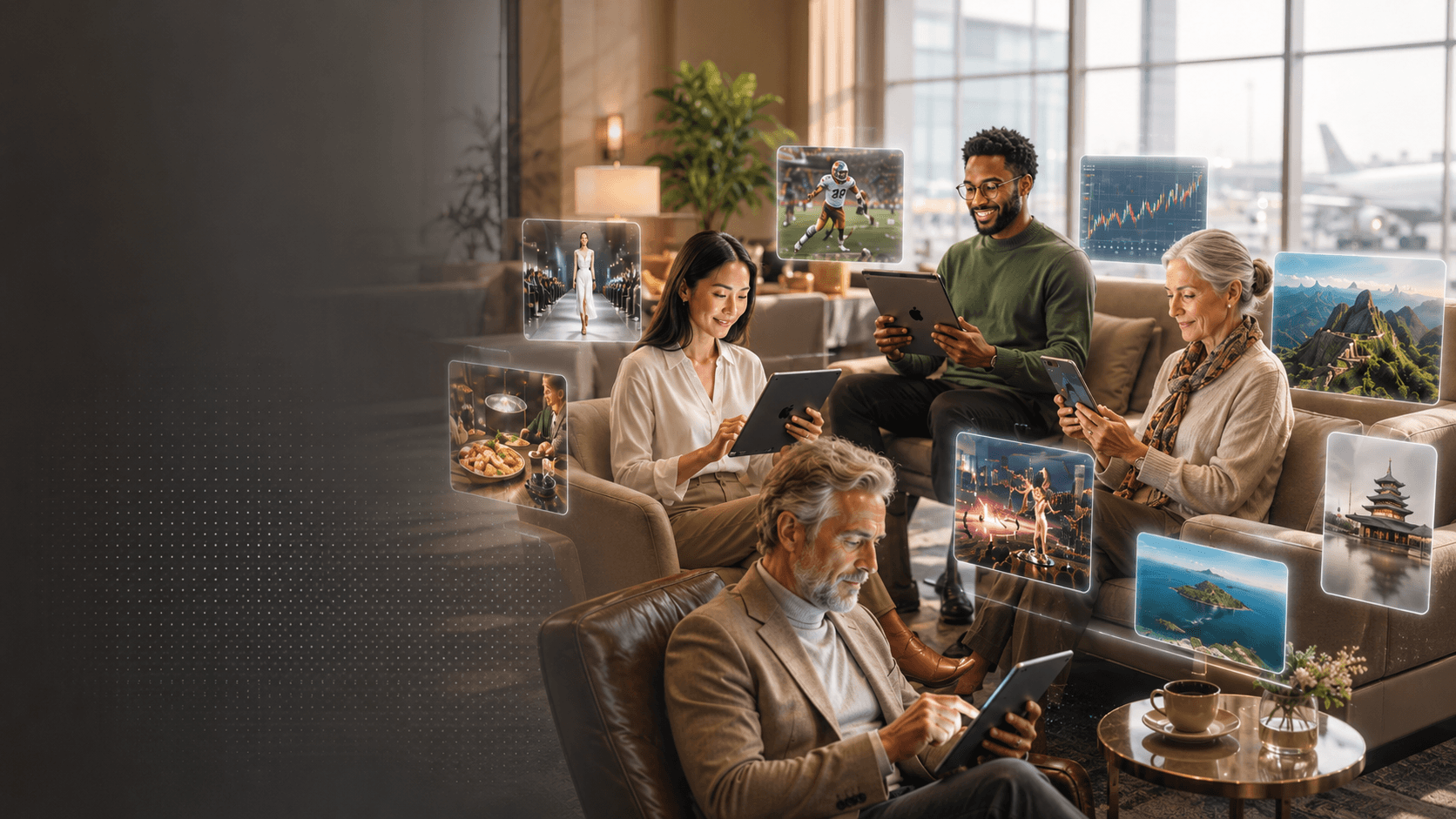 A bright airport lounge scene showing four travelers using digital devices while floating content panels display topics like travel, finance, sports, food, culture, and entertainment, representing personalized content for diverse traveler interests.