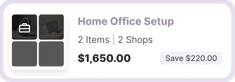 Whisprice collection card for Home Office Setup showing 2 items across 2 shops, total cost $1,650.00, and savings of $220.00.