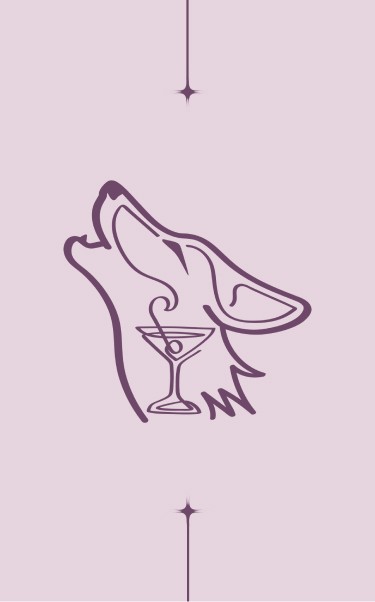 Moonwake Cocktail Bar logo in purple line art featuring a howling wolf and martini glass, set on a light lavender background.
