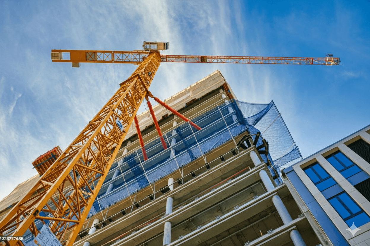 Blick auf einen Rohbau mit Baukran. Über uns: Die DAG ist Ihr erfahrenes Bauunternehmen und Single Point of Contact für Bauprojektmanagement in Deutschland.