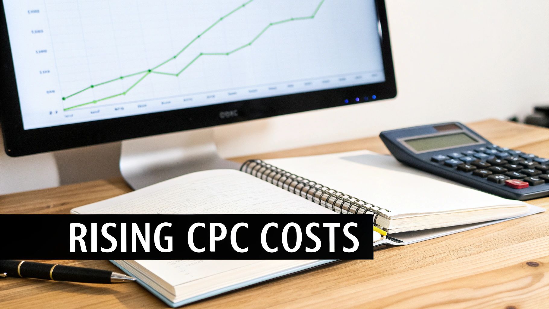 A desk with a monitor showing a rising graph, notebook, calculator, and a text overlay 'RISING CPC COSTS'.
