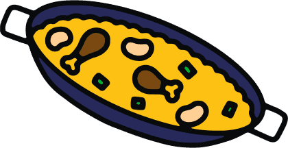 Illustrated paella dish with chicken and beans on a black background.