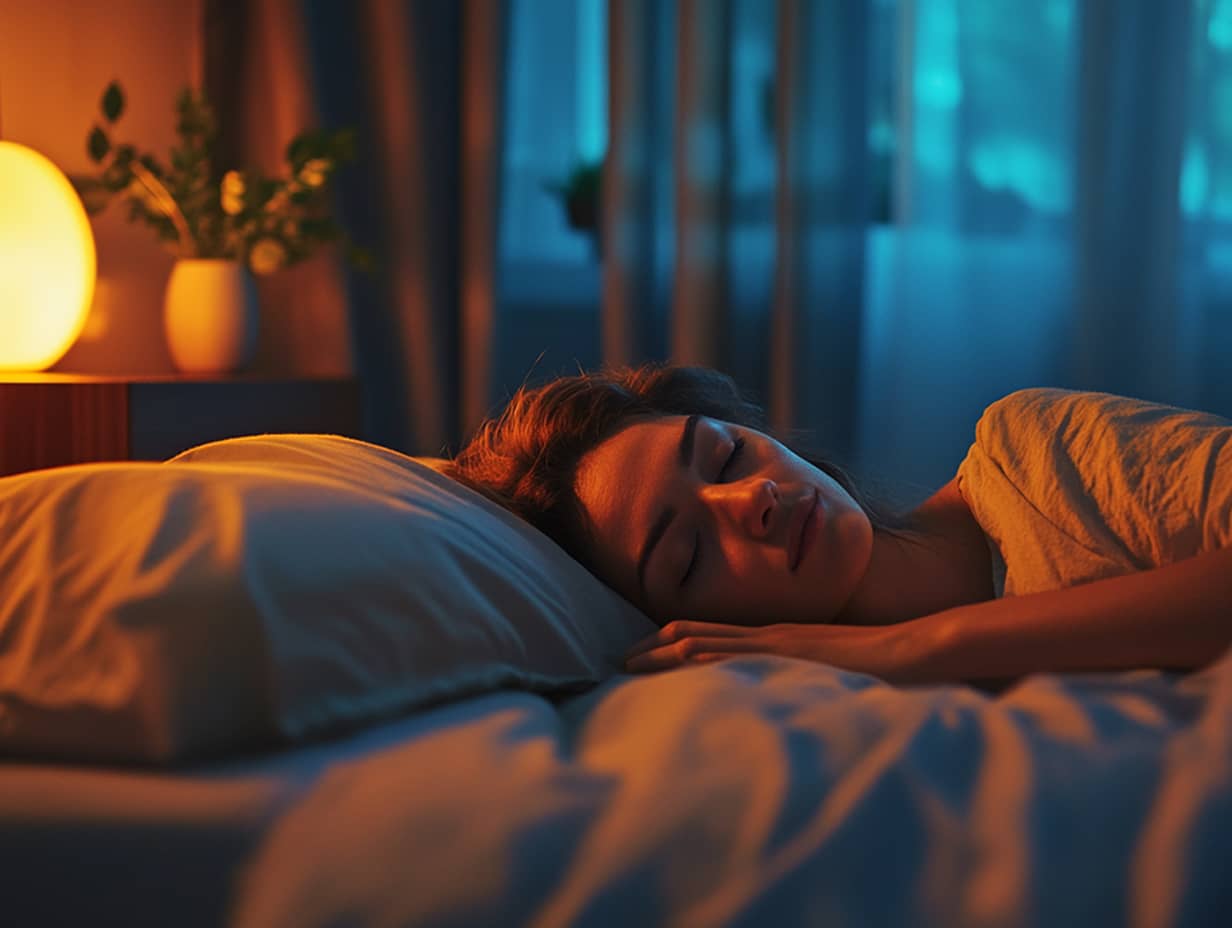 A woman peacefully sleeping in a dimly lit bedroom, illuminated by a soft bedside lamp, highlighting the importance of optimizing sleep health and circadian rhythms for better rest.