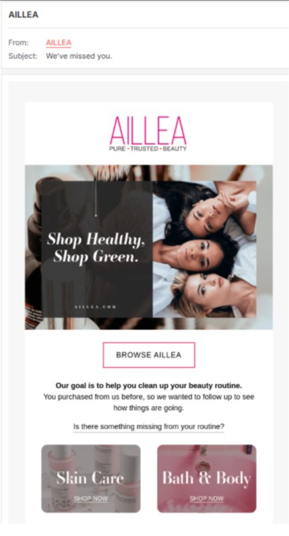 Winback Email (AILLEA): "Winback email from AILLEA with the subject 'We've missed you,' encouraging customers to revisit the brand. Highlights include images of skincare and bath products with a call-to-action to 'Browse AILLEA.'"