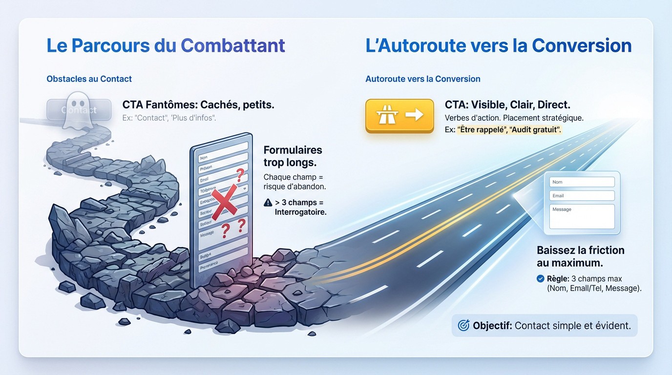 Schéma montrant l'optimisation des CTA et formulaires pour convertir un visiteur en prospect
