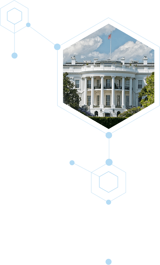 Graphic of hexagonal shapes and connecting lines with one hexagon that includes a photo of The Whitehouse