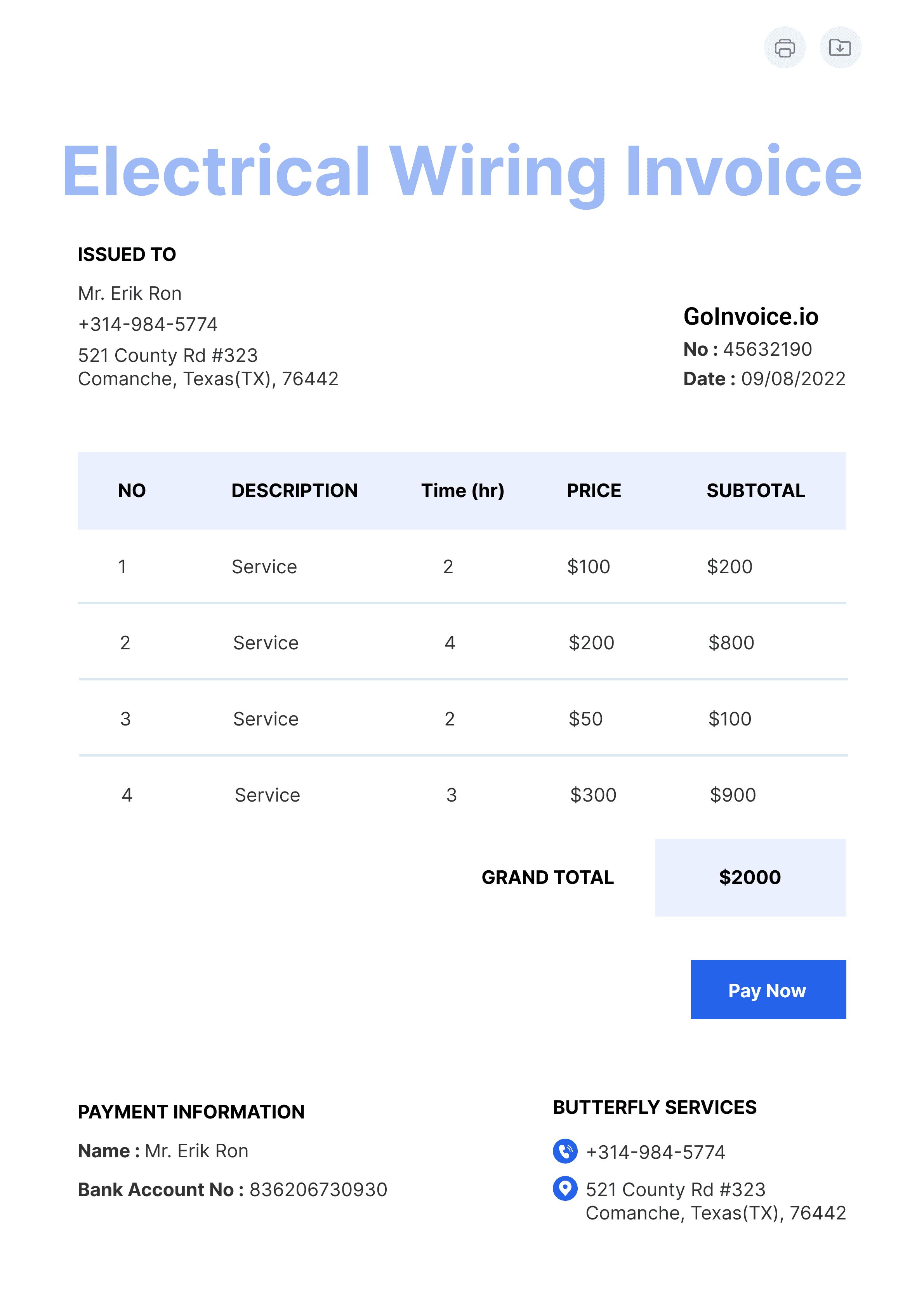 Electrical Wiring Invoice