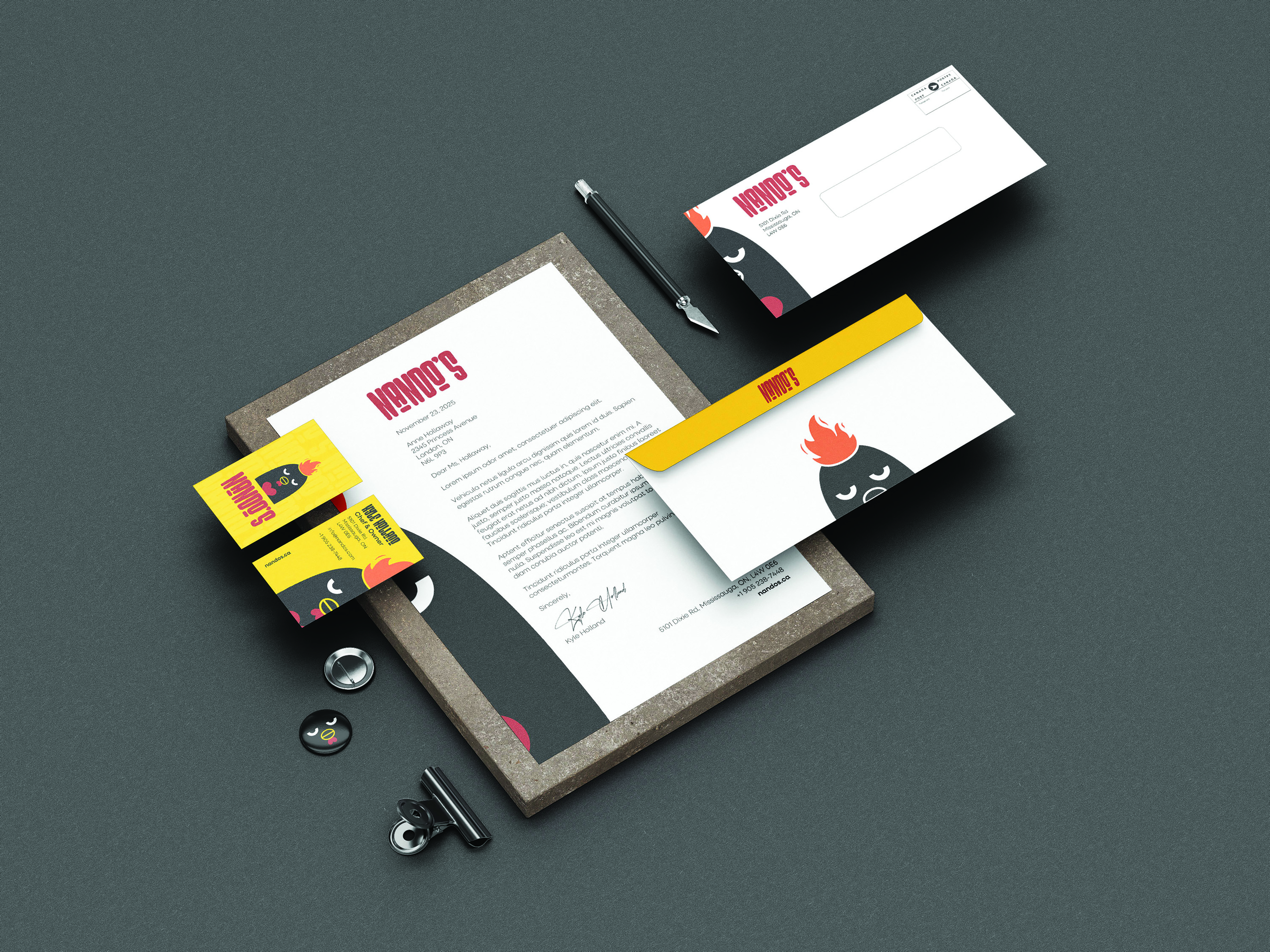Stationary mockup for the Nando's rebranding project showcasing their business card, their envelope, and a letterhead.