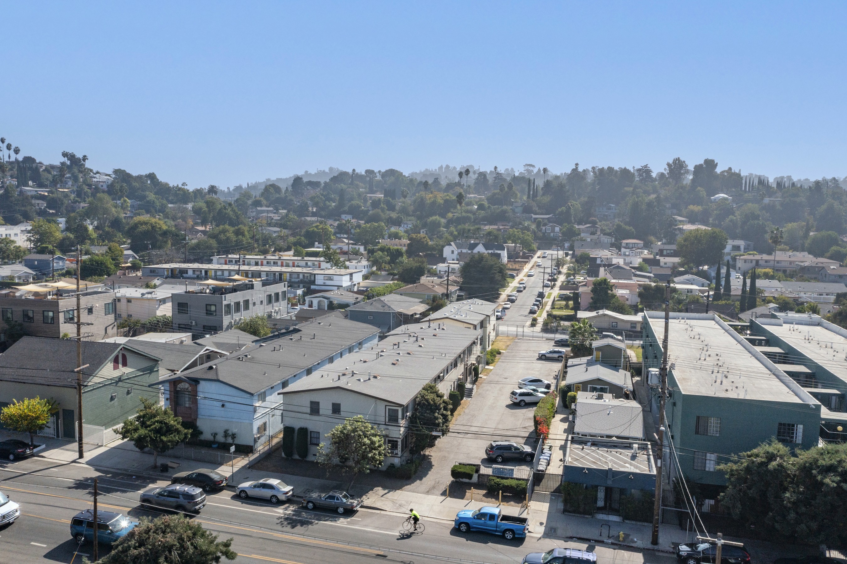 Aerial view of multifamily buildings and surrounding residential blocks near 4650 york in Eagle Rock.
