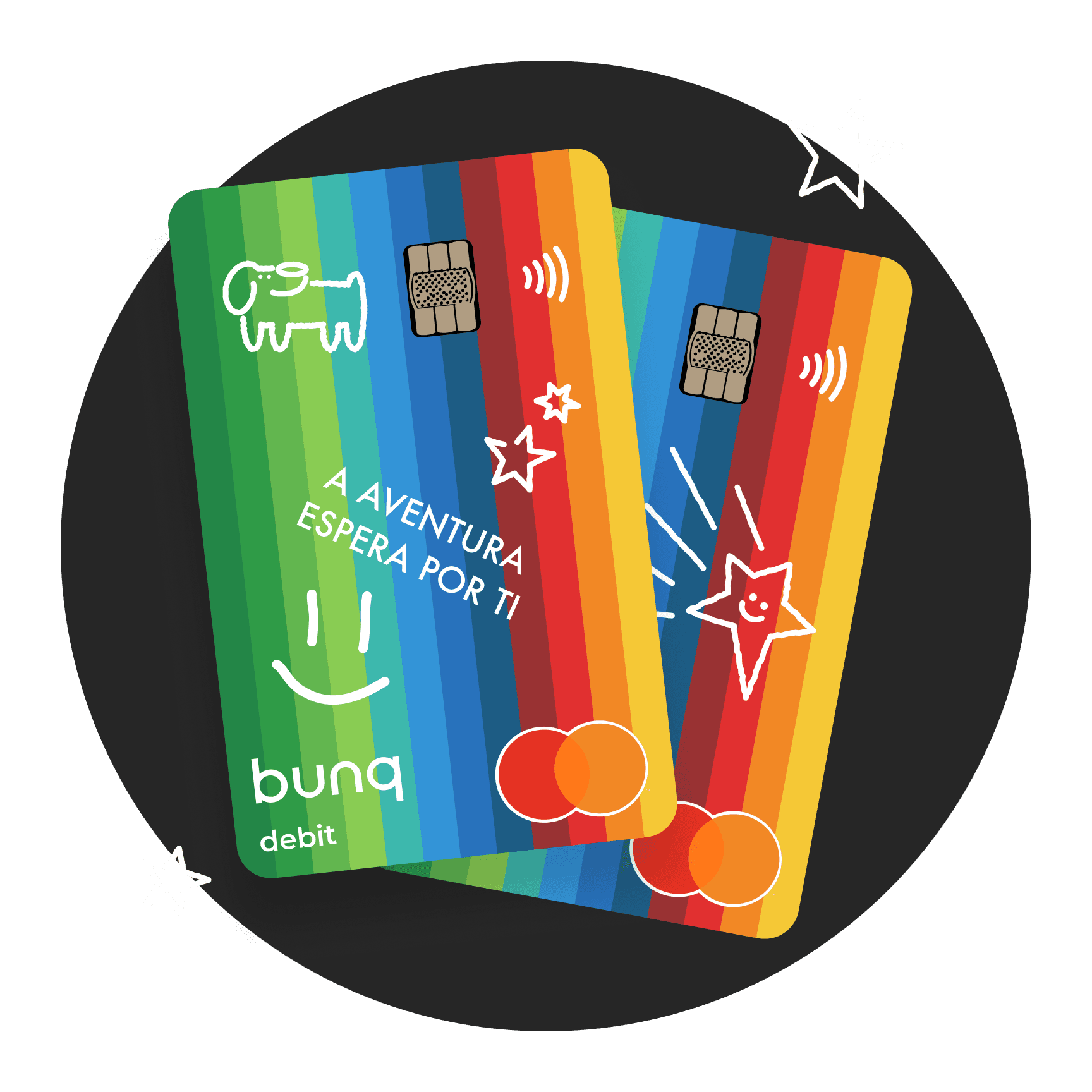 Dois cartões de crédito coloridos sobrepostos num fundo circular escuro.