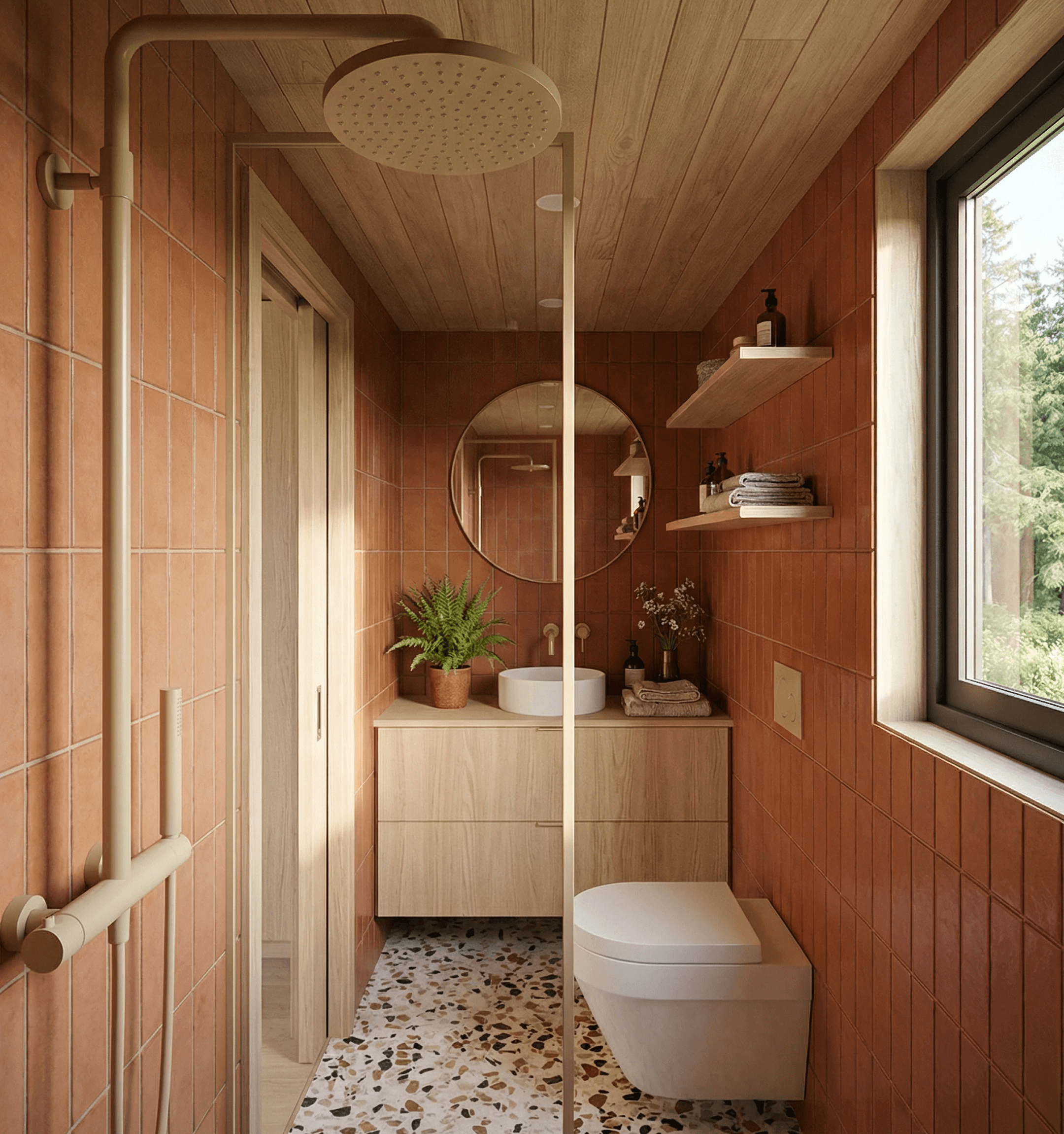 Modern cabin bathroom design with terracotta tile walls, walk-in shower, floating vanity, and skylit timber ceiling in a compact small cabin layout.