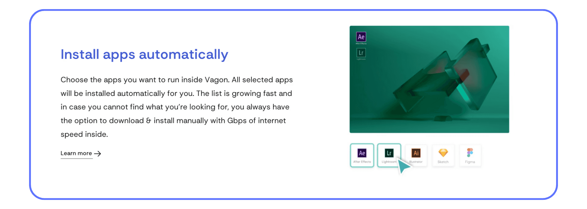 Vagon app installation page with icons for After Effects, Lightroom, Illustrator, Sketch, and Figma