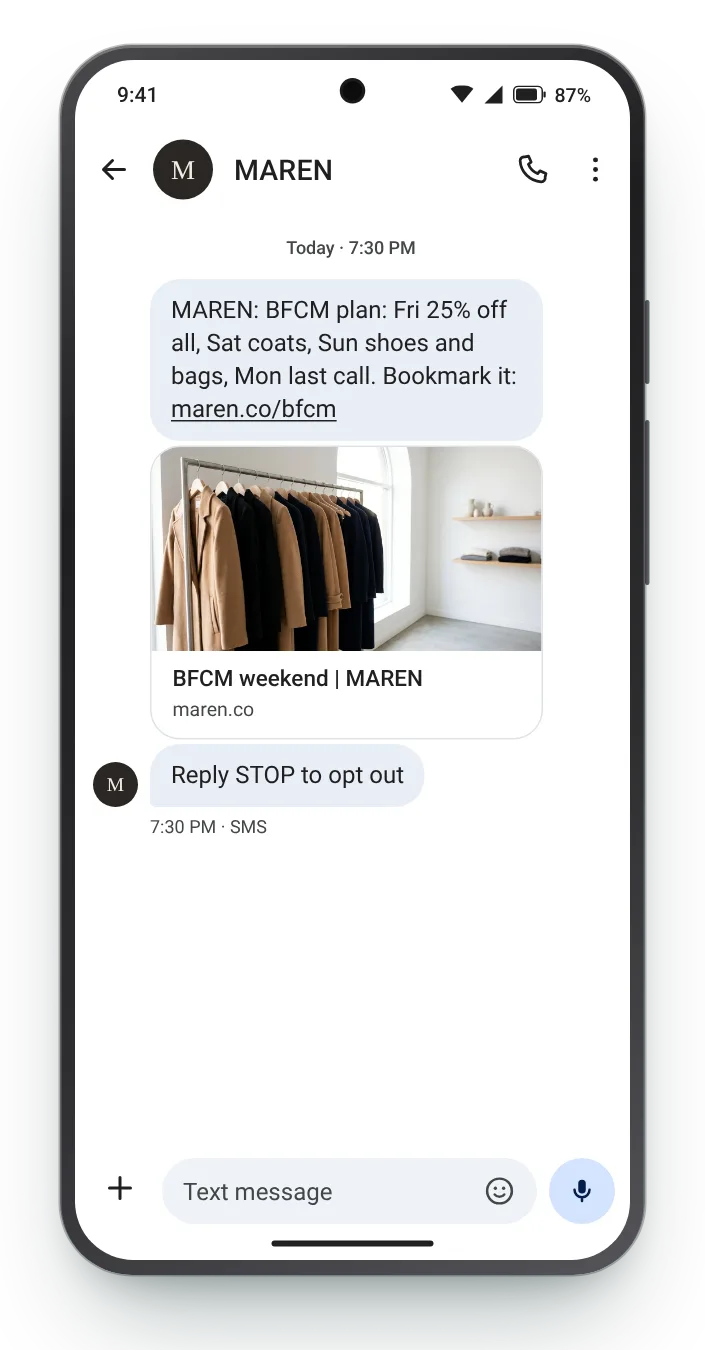The four days, laid out in one text BFCM text on an Android phone