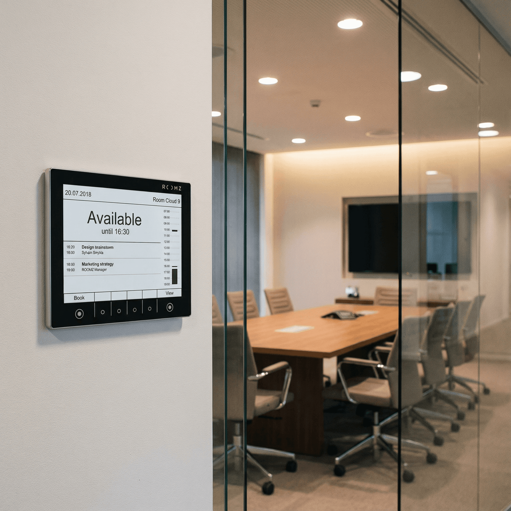 ROOMZ Raumdisplay am Meetingraum zeigt Verfügbarkeit im anny Buchungssystem als frei
