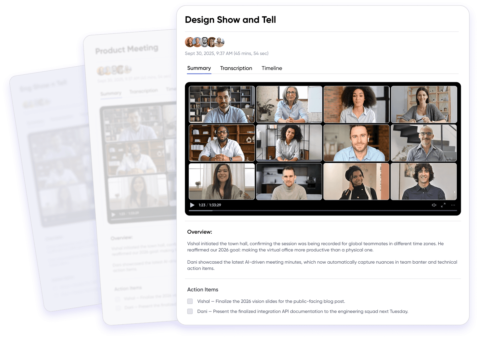 Interface of SoWork's AI meeting assistant showing a 'Design Show and Tell' summary, full transcription, timeline, and automated action items for remote teams.