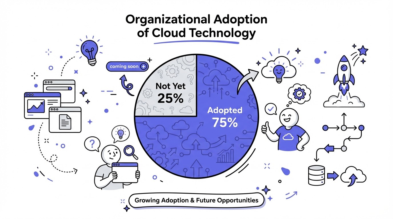 A modern tech-themed infographic displaying a pie chart titled 'Organizational Adoption of Cloud Technology'. The pie chart shows 75% 'Adopted' (blue/teal segment) and 25% 'Not Yet' (grey/muted blue segment).