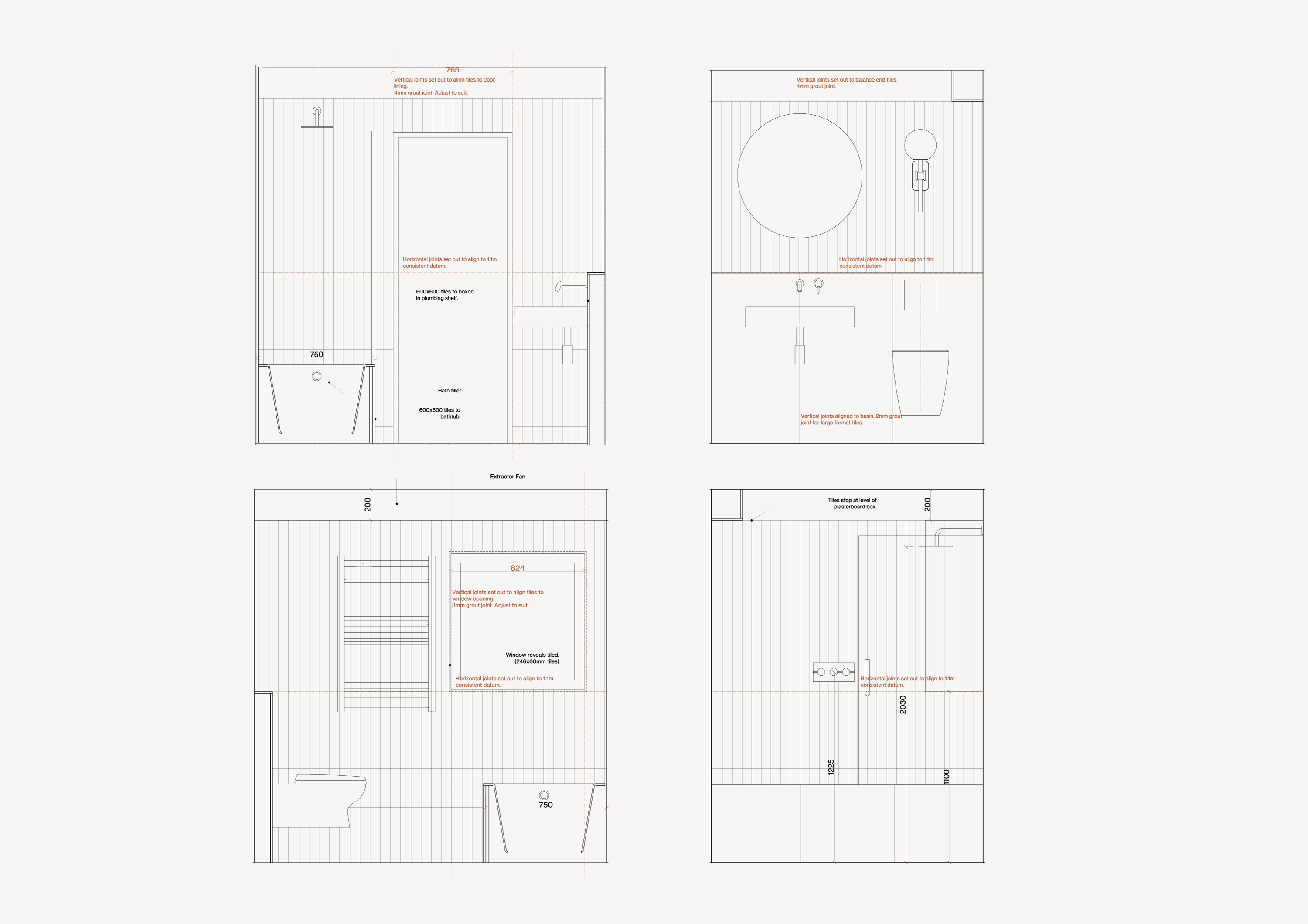 Stage 4 technical drawing package showing plans, sections, elevations and construction details for rear extension, Shardeloes Road — Alec Crisp Architects