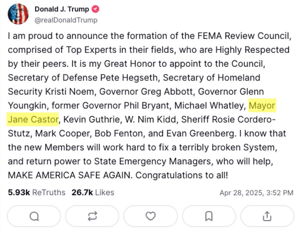 Tweet from Donald Trump appointing Mayor Jane Castor to FEMA Review Cousil 