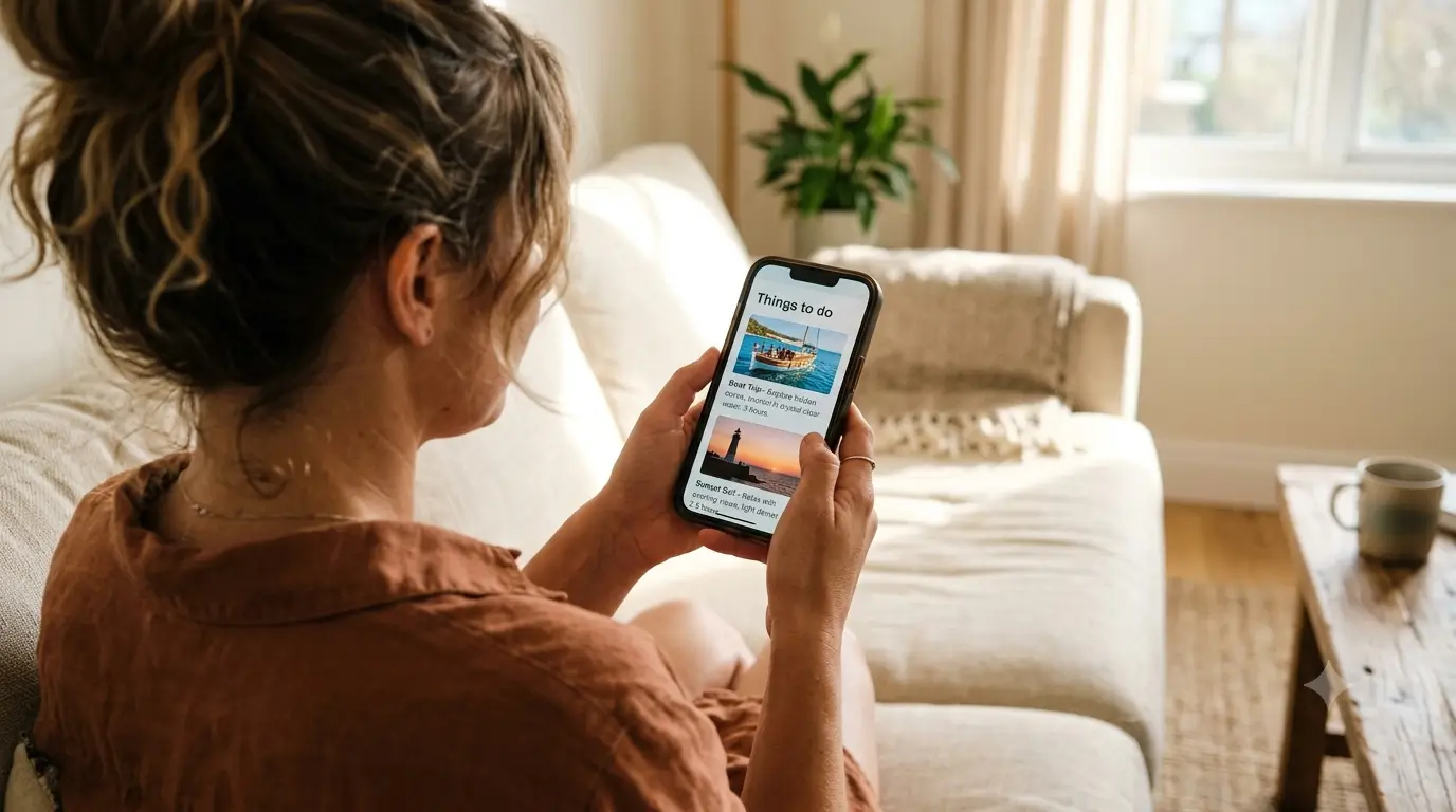A guest reads a host's things to do recommendations on a phone in a sunlit vacation rental living room.