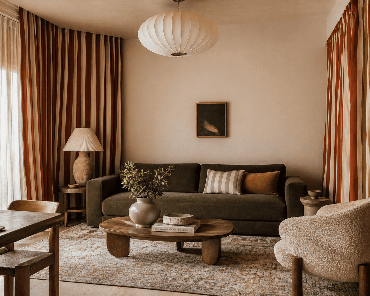 Photorealistic circuscore-inspired living room with cream walls, olive green sofa, striped linen curtains in ochre and rust tones, sculptural wood coffee table, boucle accent chair, and warm natural daylight creating a calm, elevated, slightly theatrical space.