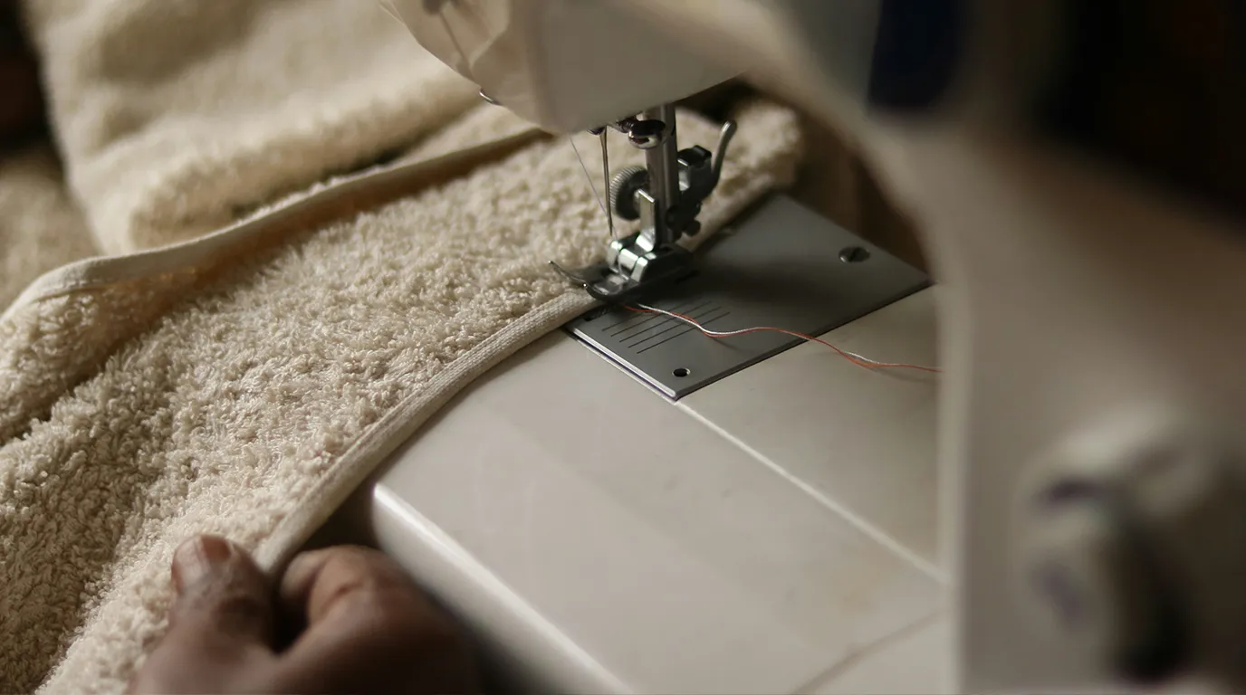 Close-up of industrial textile production with expert stitching and fabric finishing, ensuring quality, durability, and craftsmanship in every product.