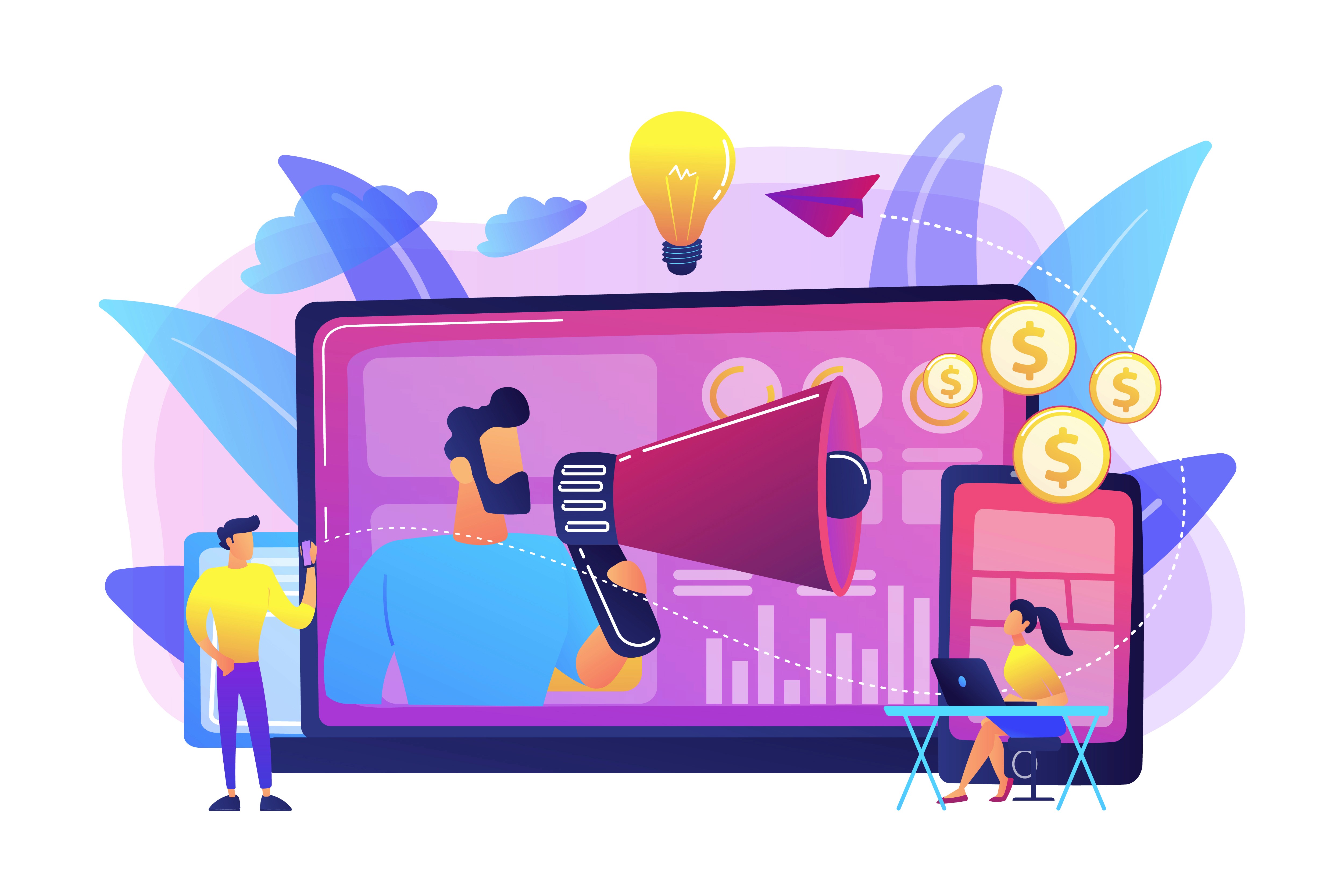 Illustrated influencer marketing campaign with a megaphone, performance charts, and coin icons