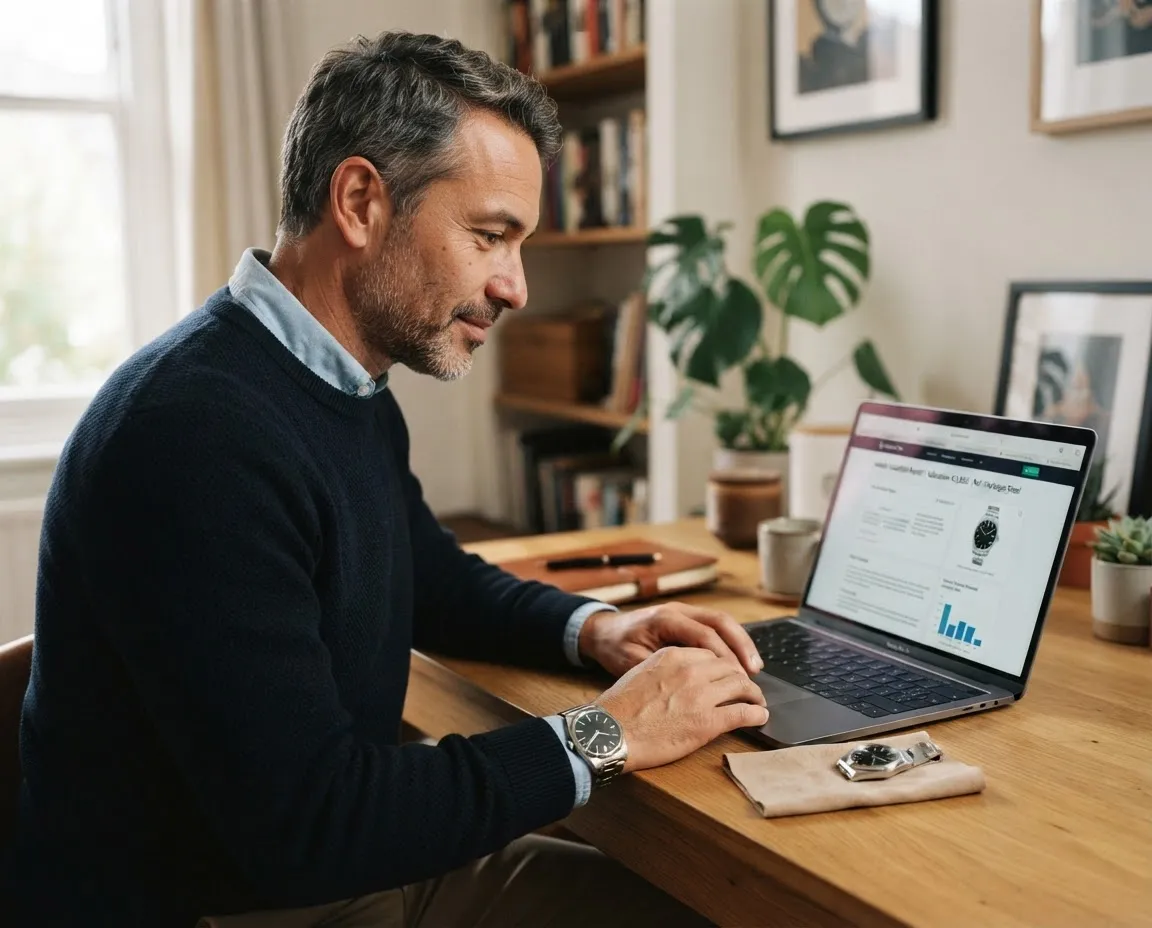 Man in a navy sweater over a light blue collared shirt typing on a silver MacBook at a white table, wearing a silver octagonal-bezel watch on his left wrist and a gold ring, with a white coffee cup, a black smartphone, and potted plants nearby.
